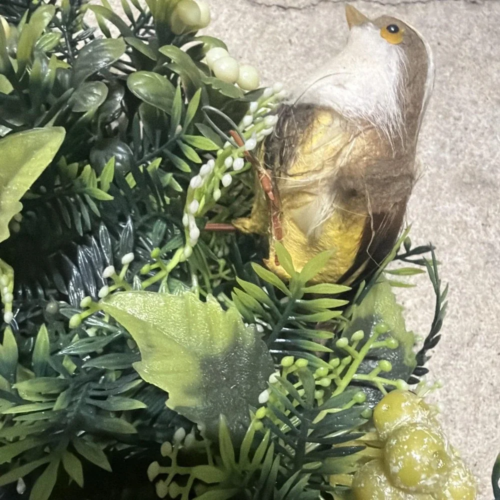 Vintage Fall Wreath Faux Pears Berries Feather Birds Greenery Autumn Decor